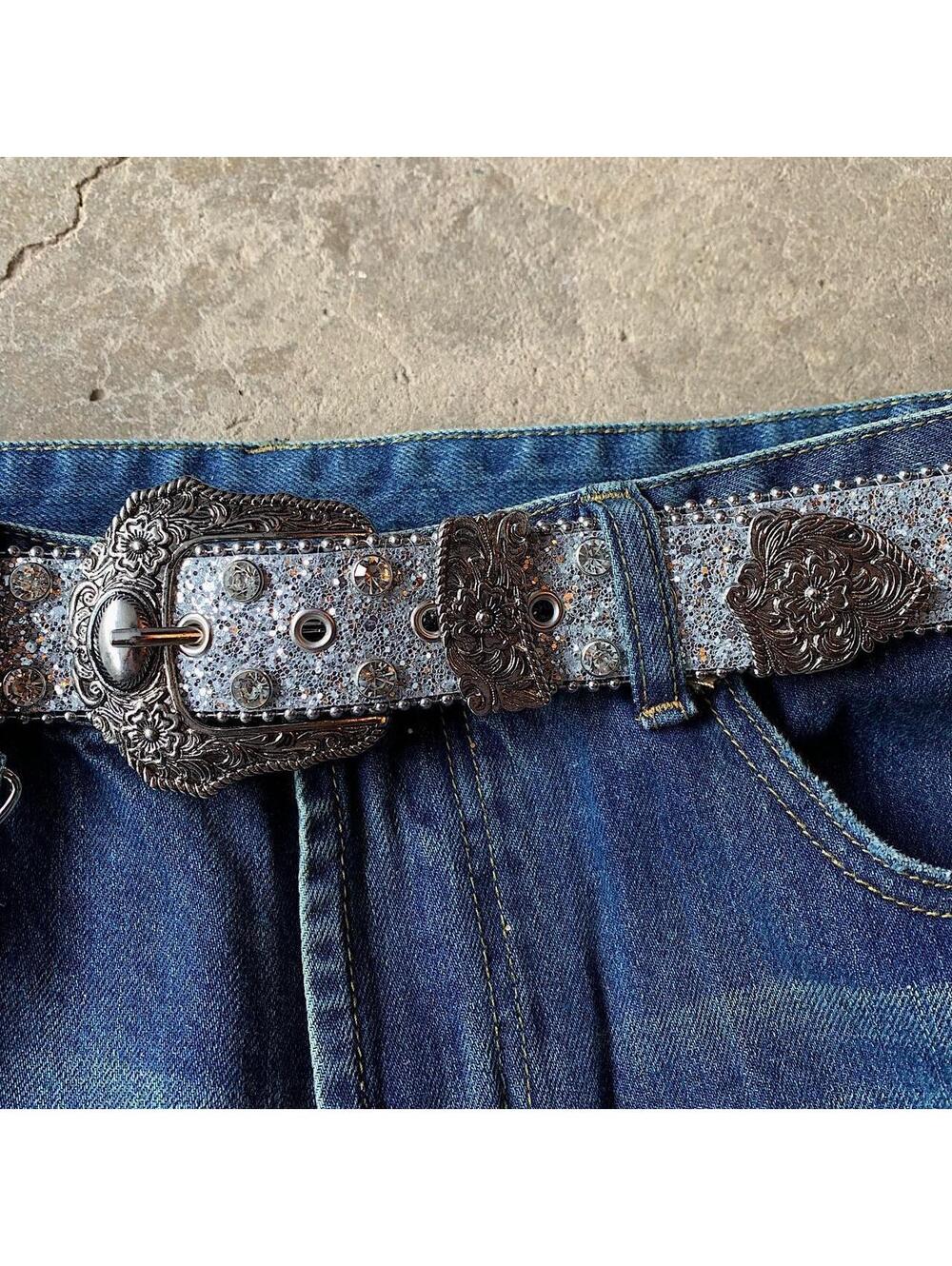Y2k 2000s style rhinestone crystal grunge silver punk belt. Cool grunge/punk